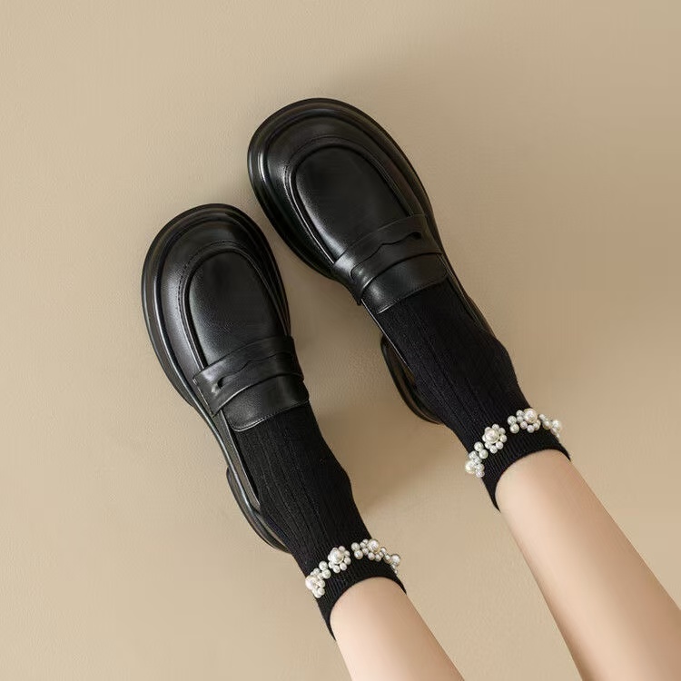 TT乐福鞋一脚蹬2025四季网红圆头百搭包头女增高厚底英伦风jk鞋A