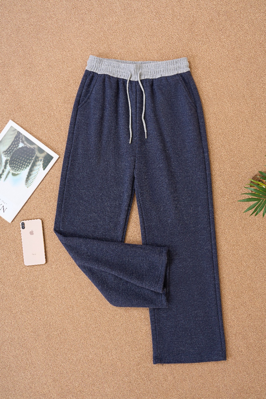 【500克加厚】七彩呢秋冬松紧腰加绒款撞色拼接抽绳松紧阔腿休闲裤