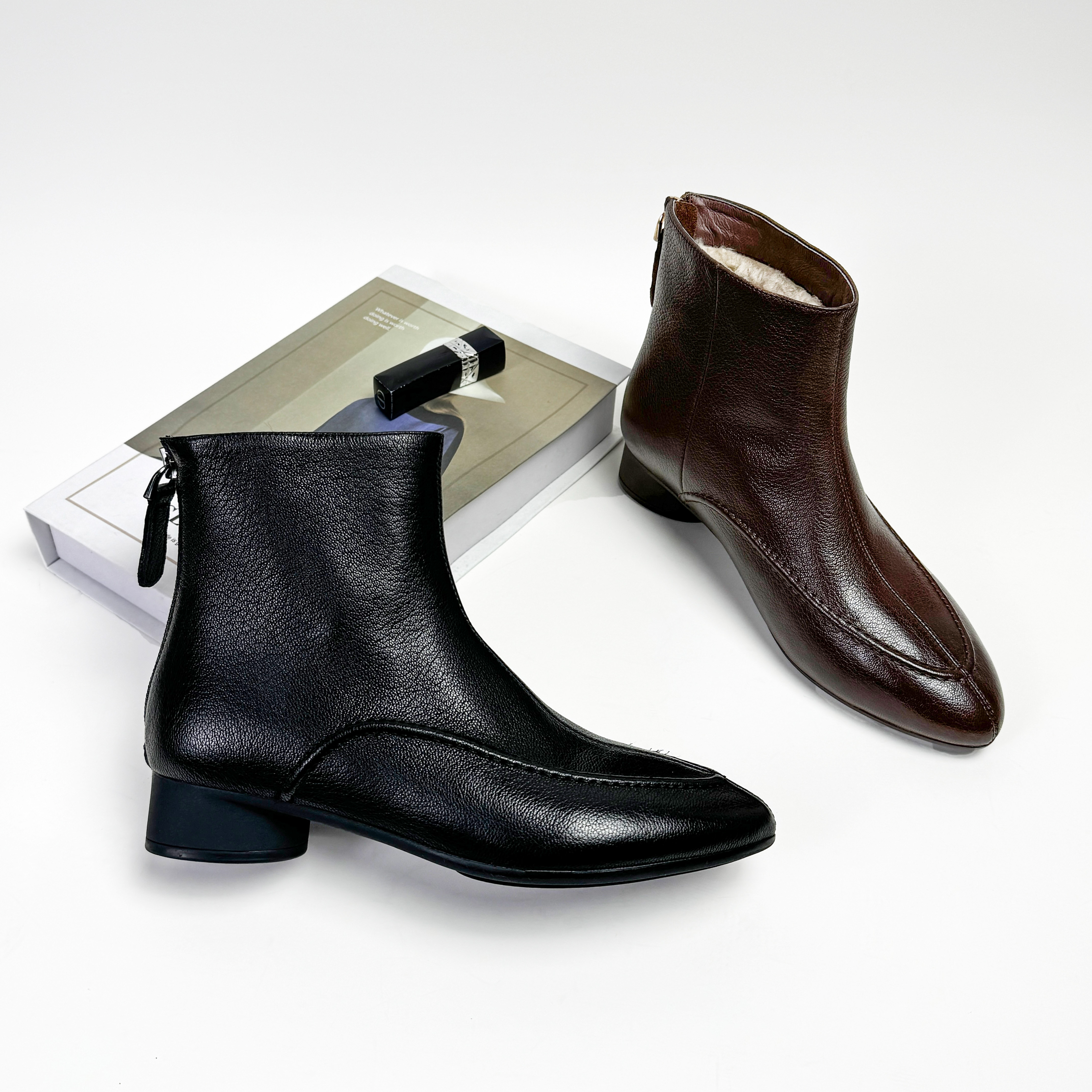 3CM低跟秋冬季时装靴舒适时尚百搭真皮粗跟英伦风尖头高跟休闲