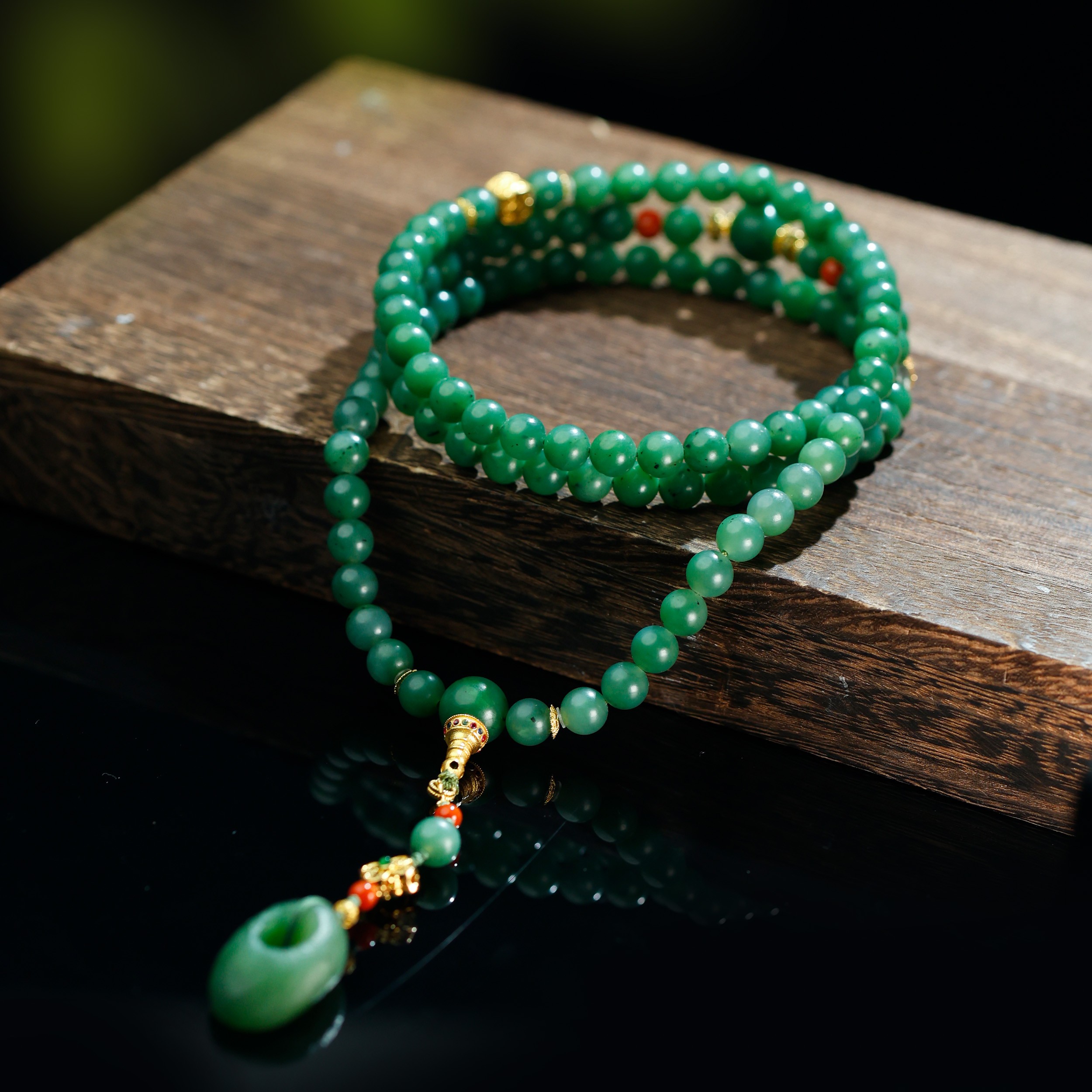 白玉世家四方守护/18K金碧玉108串春日上新礼物和田玉玉石项链