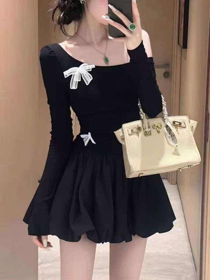 大码时尚减龄胖MM收腰长袖秋冬花苞裙大码连衣裙