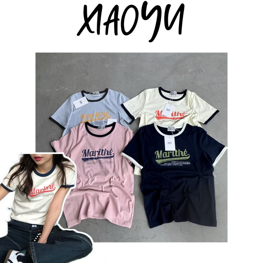 【撞色字母T恤】S韩系MAR撞色领字母短袖T恤百搭显瘦短袖上衣