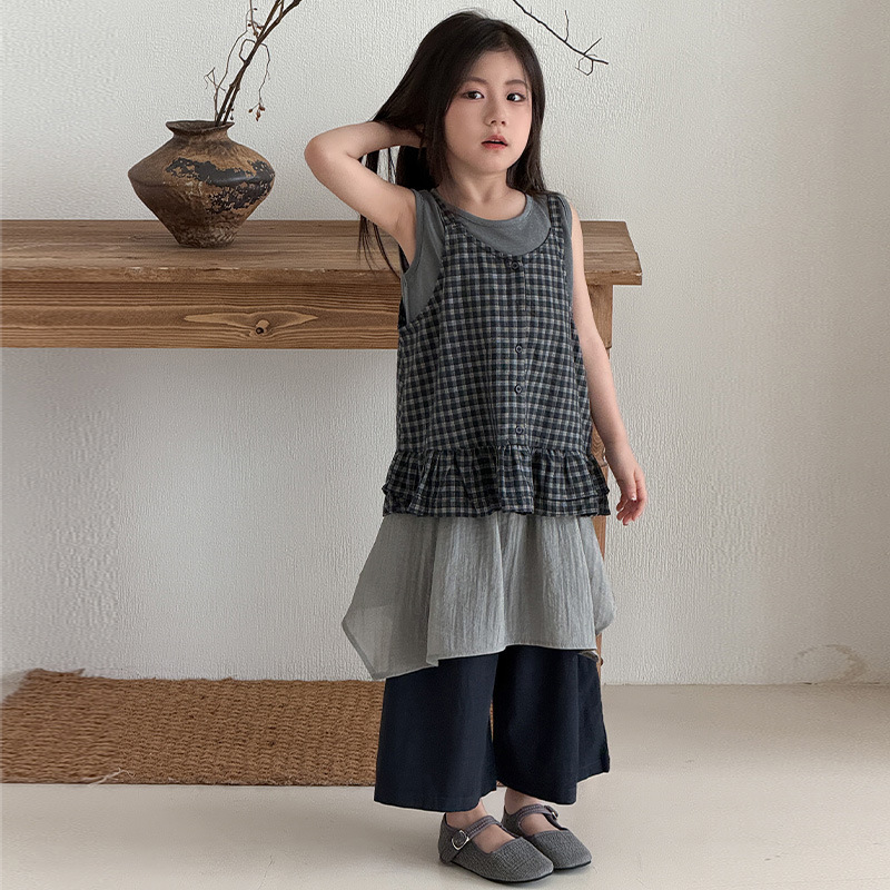 【安安家】女童韩系格子吊带简约背心春夏儿童百搭屁帘裤套装R26180