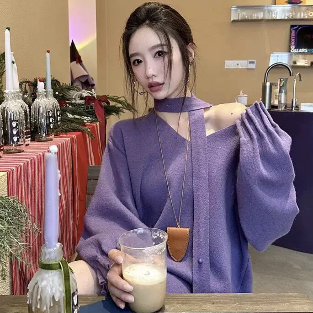 韩系v领慵懒风宽松飘带毛衣女秋冬设计感针织衫百搭外穿内搭