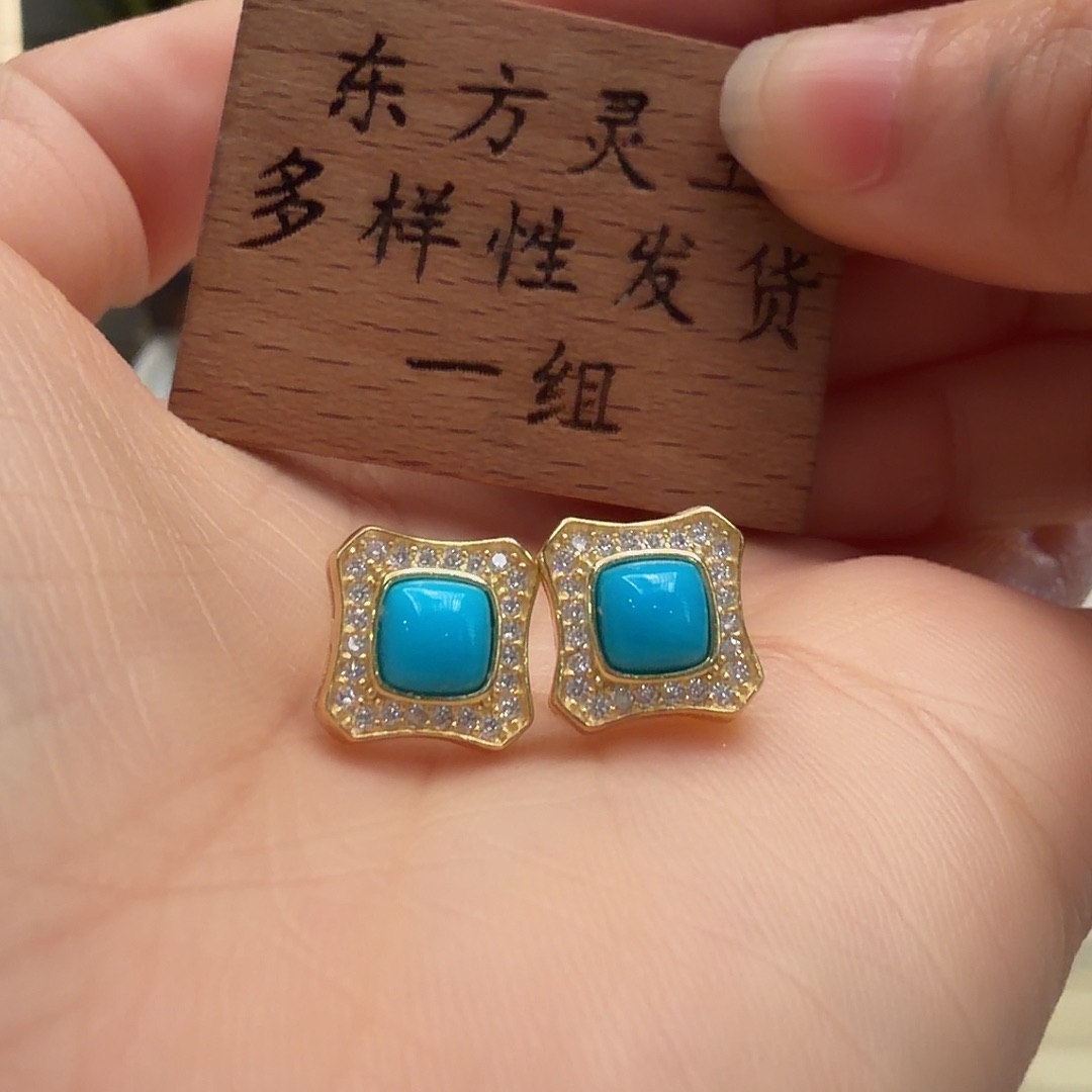 绿松石银S925镶嵌耳饰