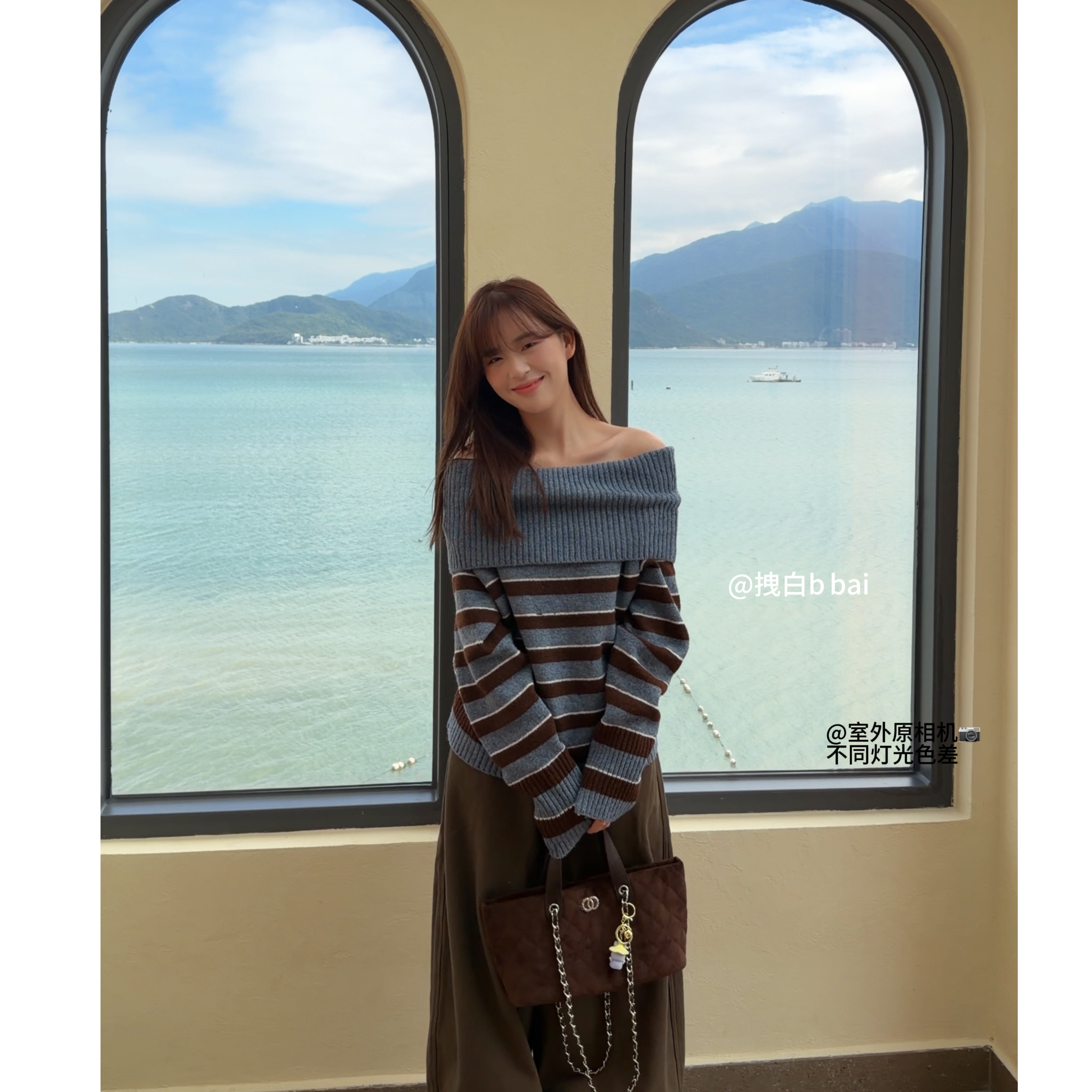 【拽白bbai】“慵懒条纹”冬季新款慵懒风一字肩小众设计毛衣女