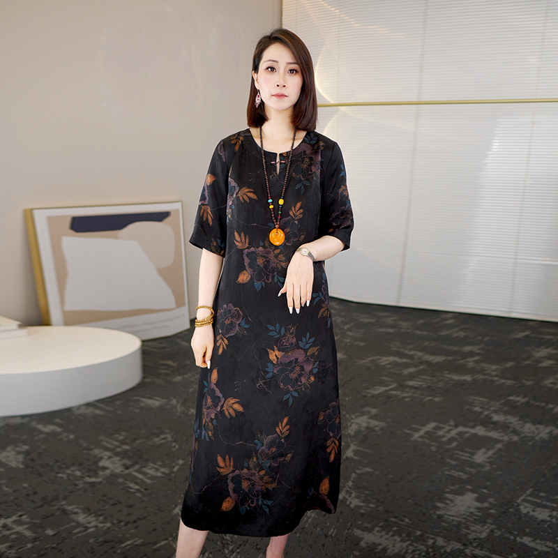 2025夏季时尚浪漫大牌杭州香云纱真丝连衣裙女气质妈妈桑蚕丝裙子