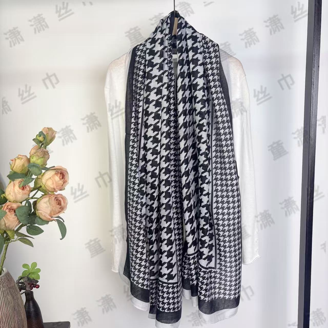 （素影千鸟格）棉麻长巾85*180左右围巾