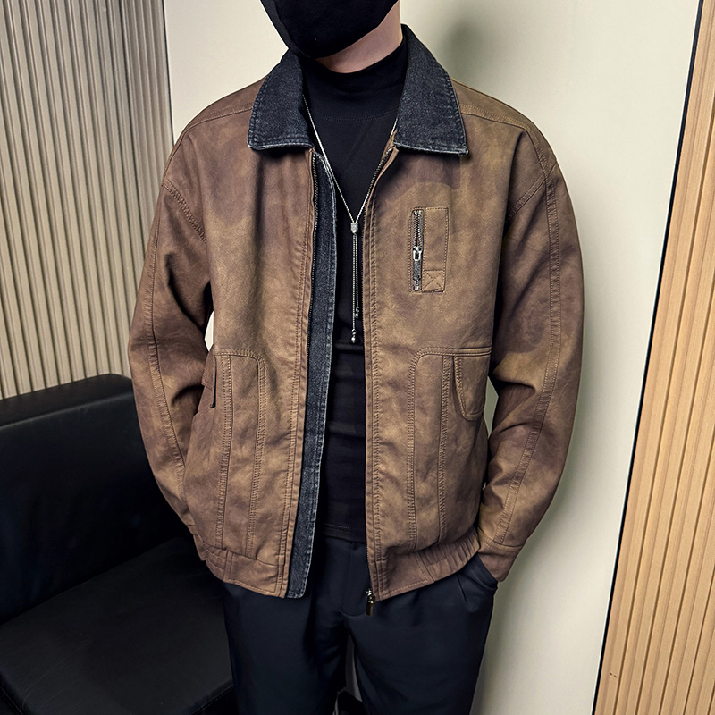5809春秋季男士假两件皮衣男翻领潮流时尚牛仔拼接外套水洗PU皮衣