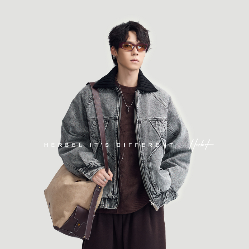 HERBEL/黑白 羽绒服男2025年冬季新款针织拼接翻领牛仔羽绒服外套