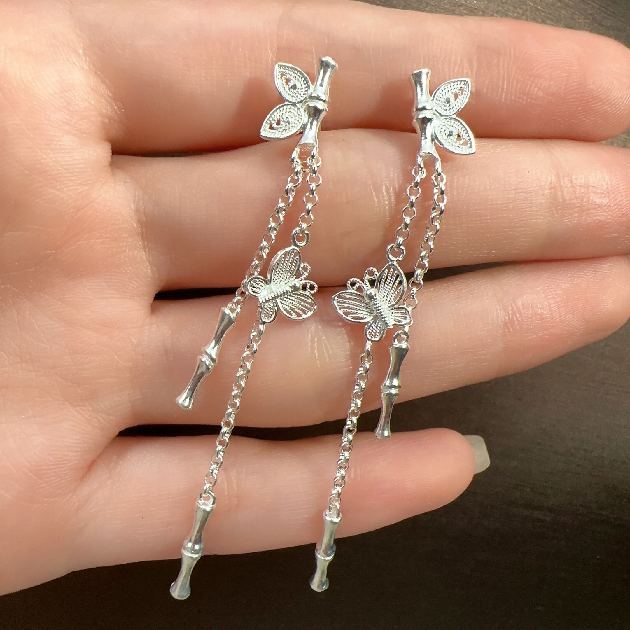 银谣 足银耳饰 蝴蝶竹节流苏新中式耳环