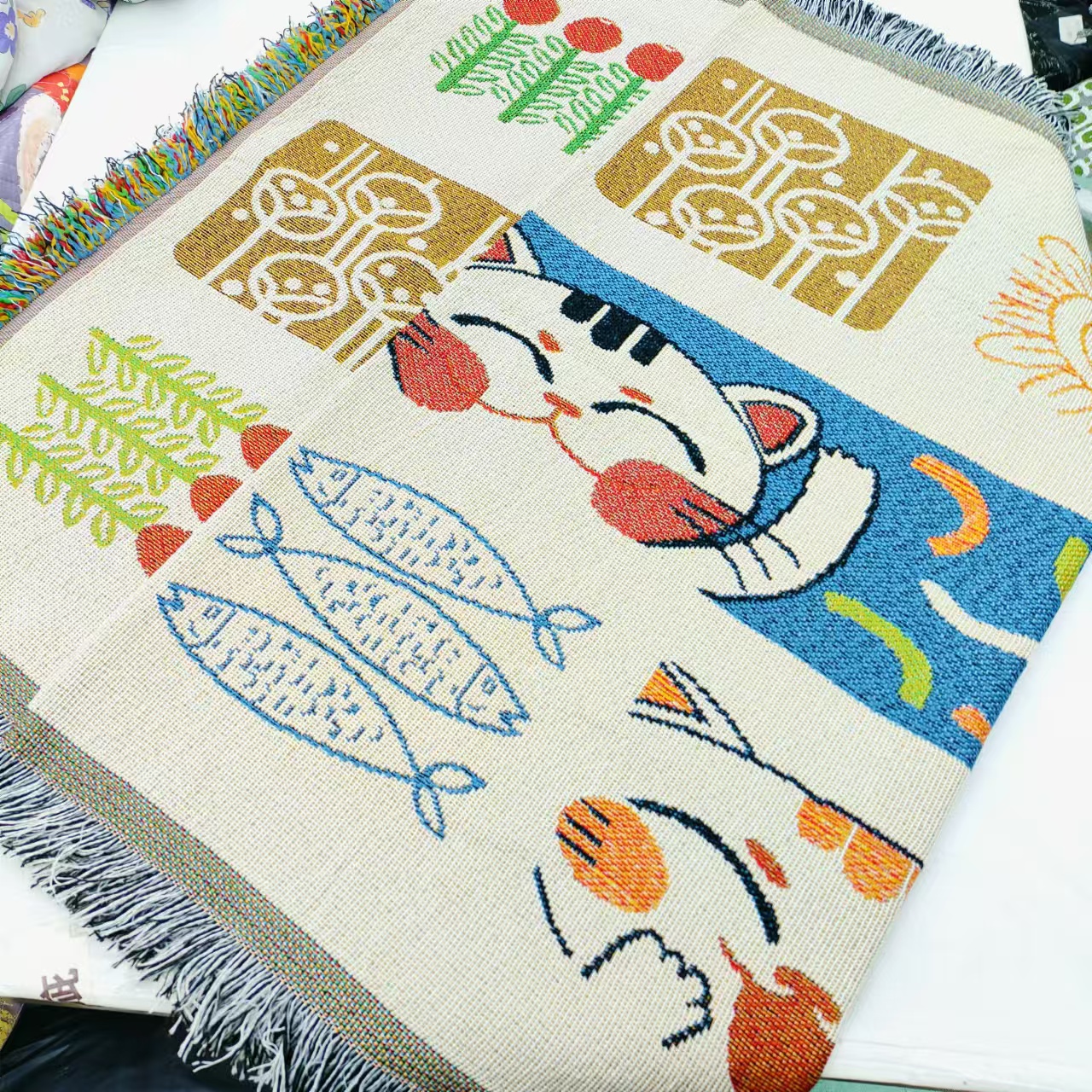 【沙发盖巾】<小猫钓鱼>85X235cm<±5cm 含流苏边尺寸>简约沙发垫