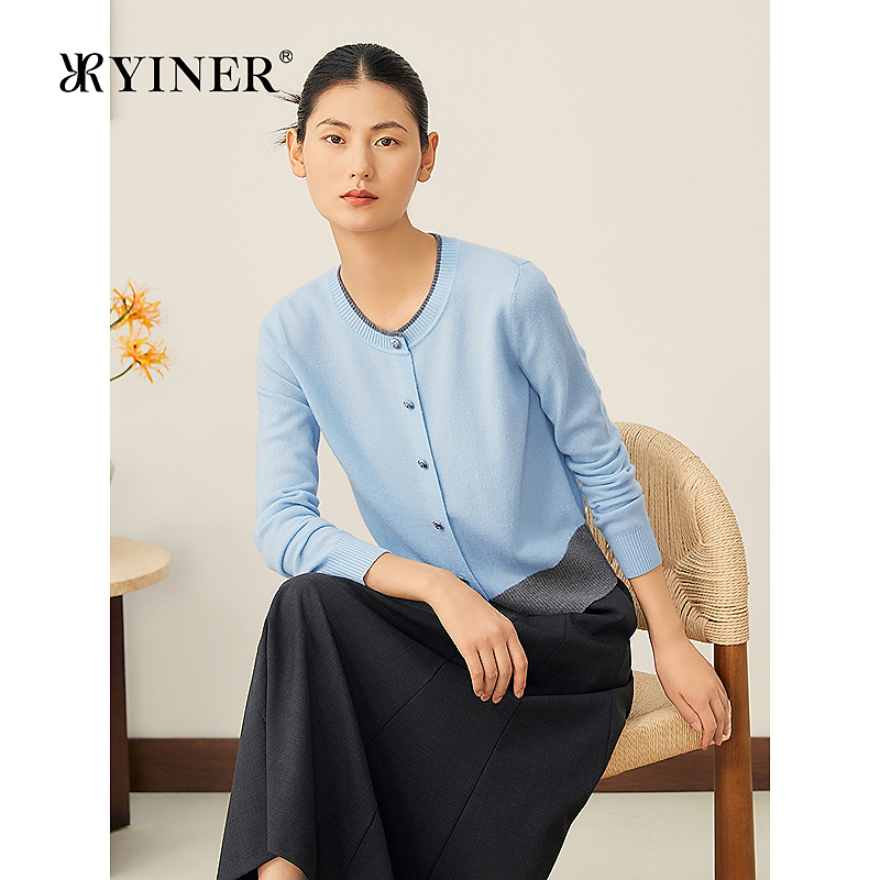 YINER音儿2025秋季新款法式美丽诺羊毛羊绒混纺单排扣撞色针织衫