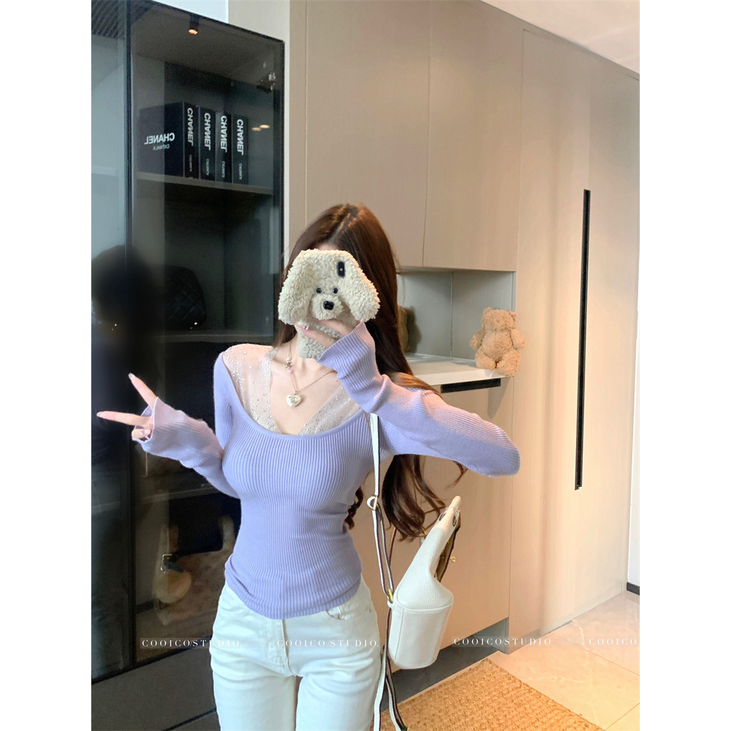 百搭好看打底衫重工烫钻气质针织衫女短秋冬新款性感辣妹显瘦上衣