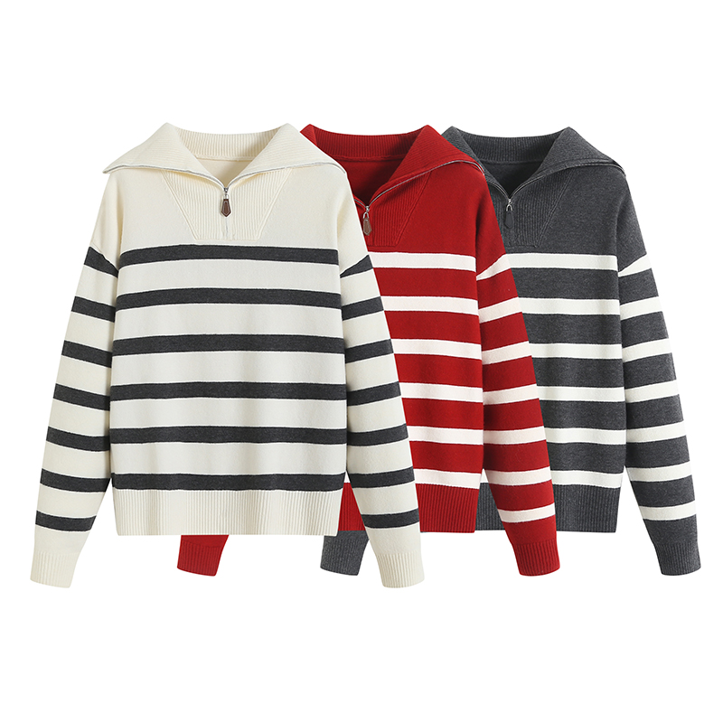 MM商场同款2025秋冬新款百搭翻领条纹宽松拉链针织衫毛衣女102X