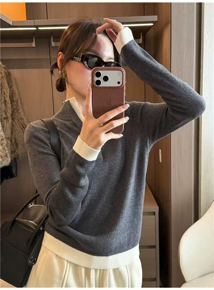 麦9925-3552 休闲百搭加厚衬衫领针织拼色毛衣针织衫