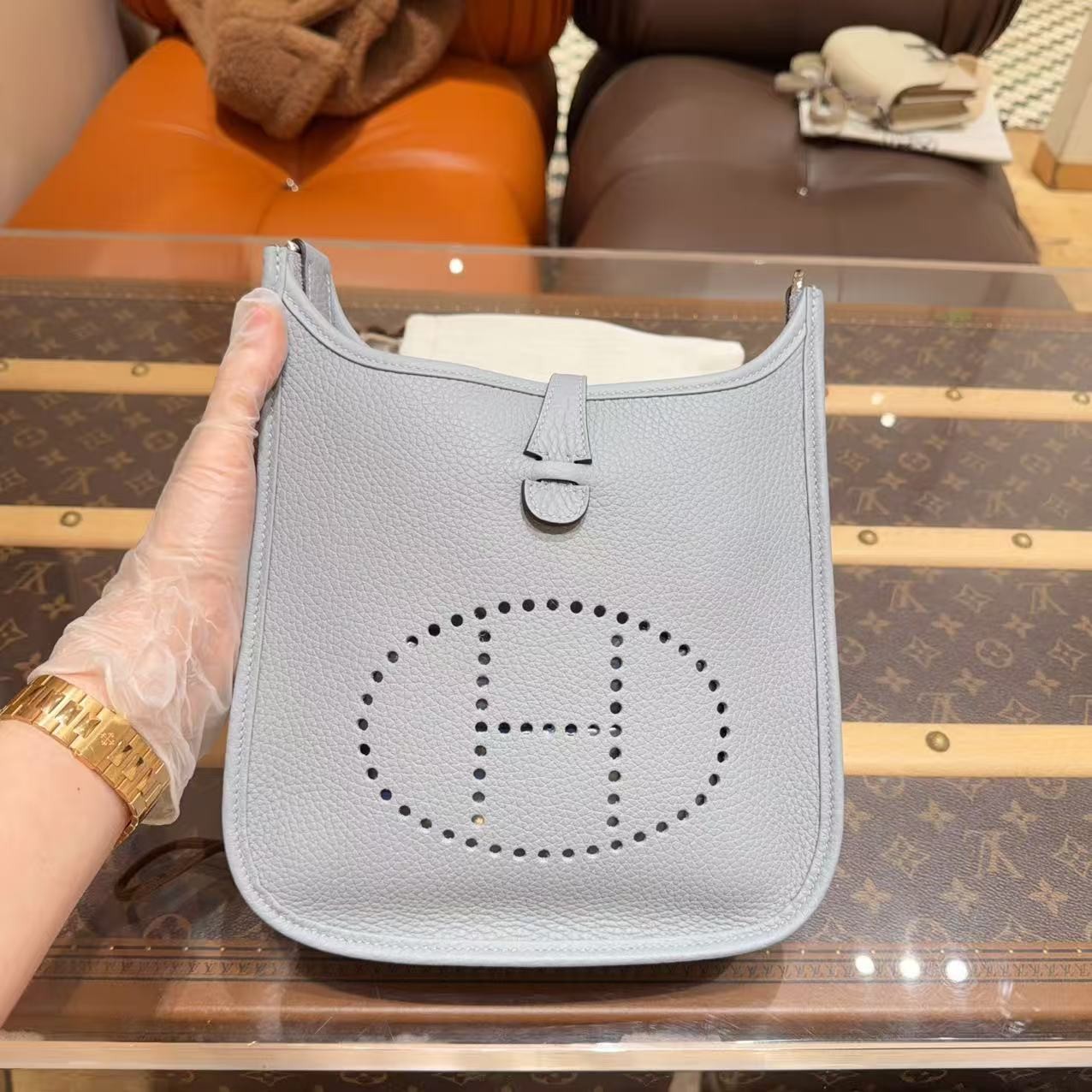 未使用 Hermes/爱马仕 evelyne23 伊芙琳 木偶灰银扣 Tc皮 K刻