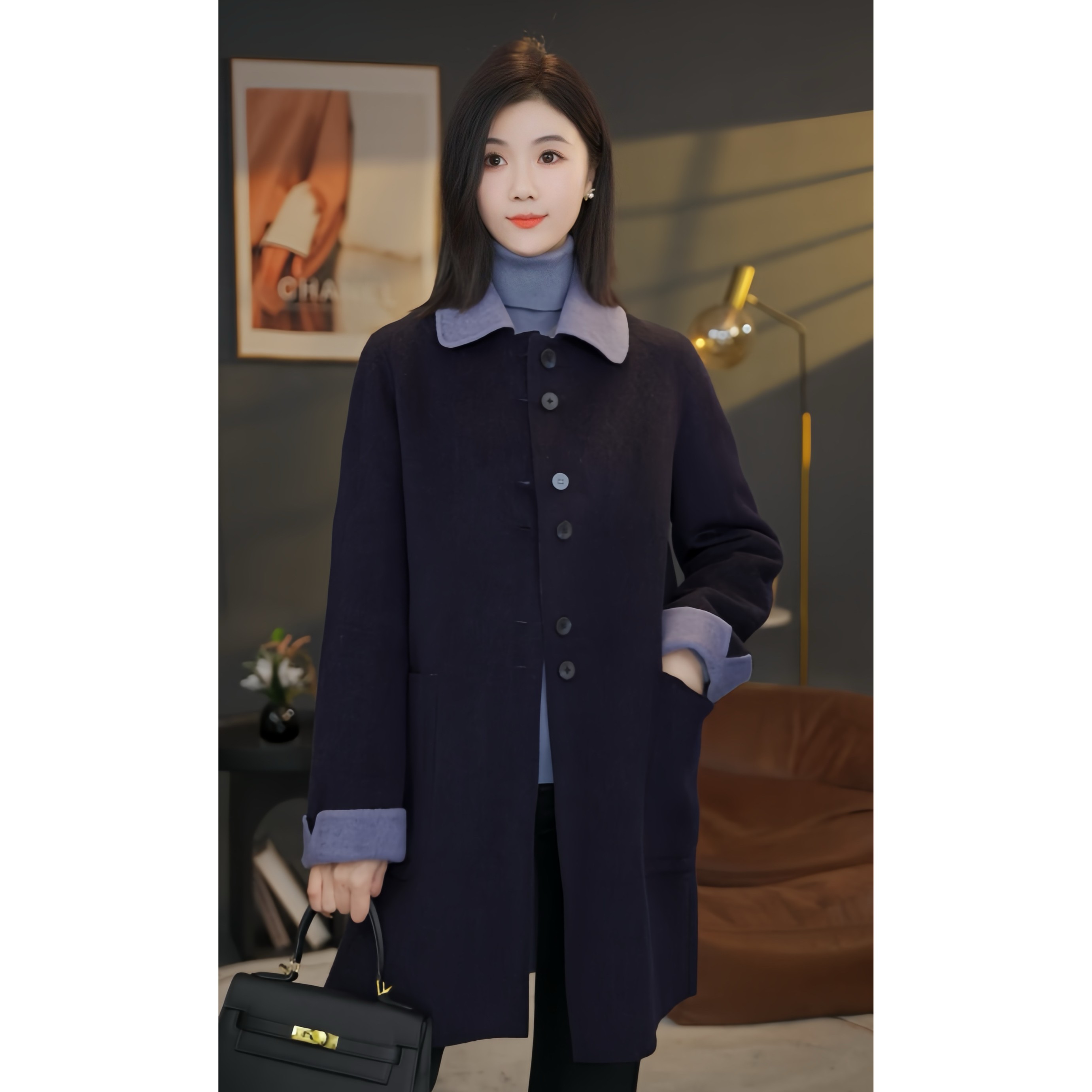 【小北甄选】曼贝8584047深墨蓝秋冬新款双面羊绒大衣高端百搭