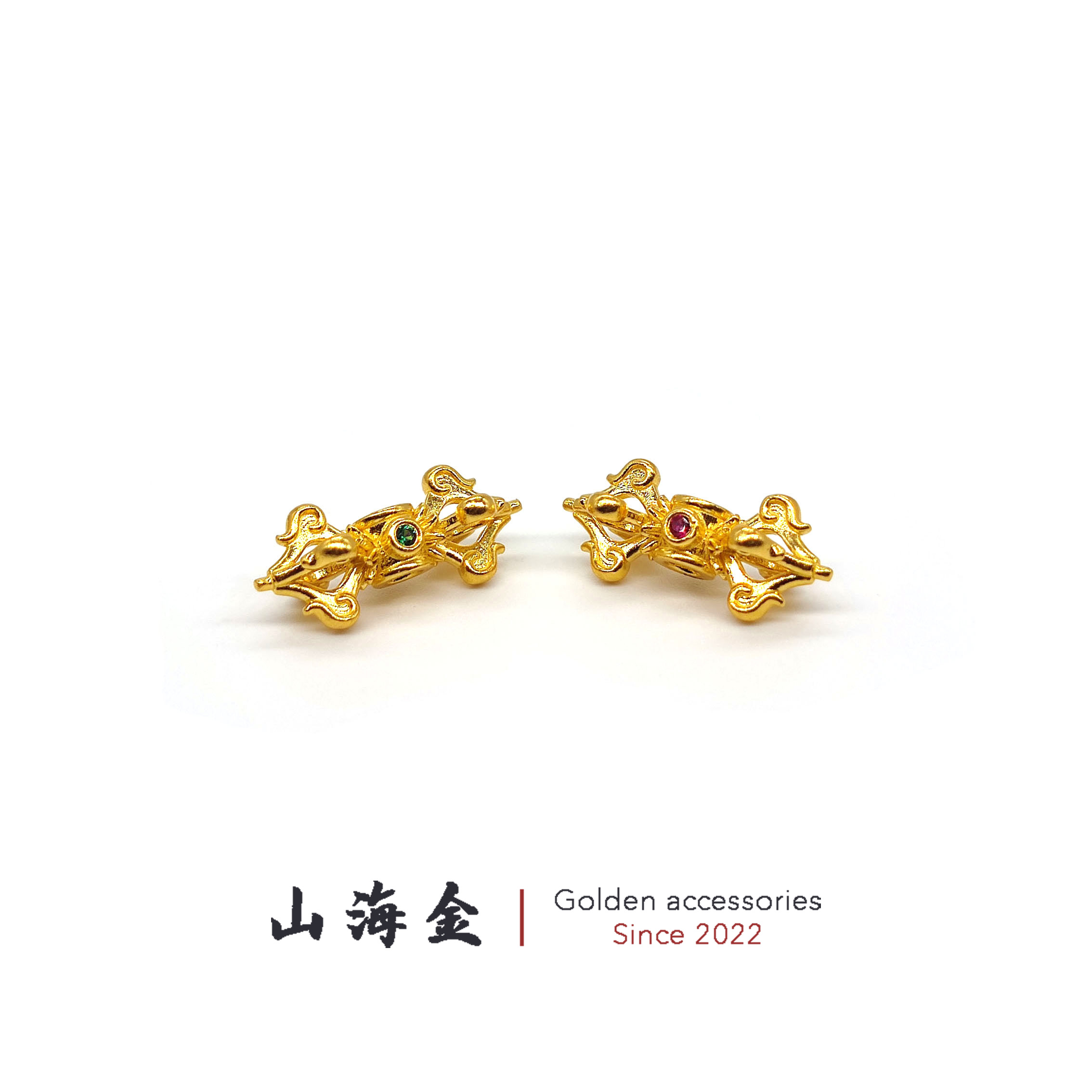 山海金 24K黄金999足金镶嵌宝石金刚杵背云线束卡子文玩手串配饰