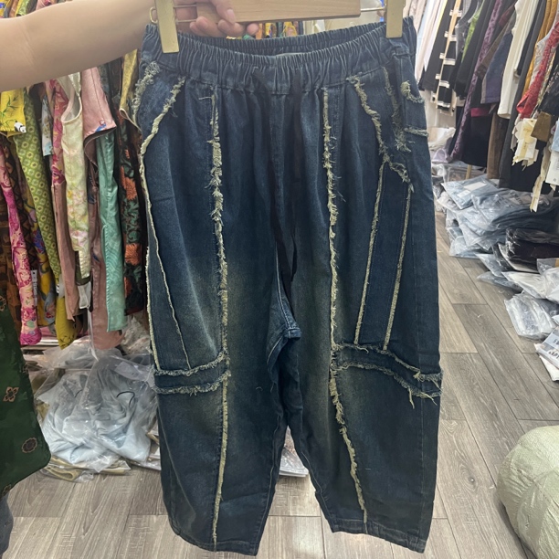 樱桃家#001#做旧法式水洗无弹力宽松时尚九分牛仔裤