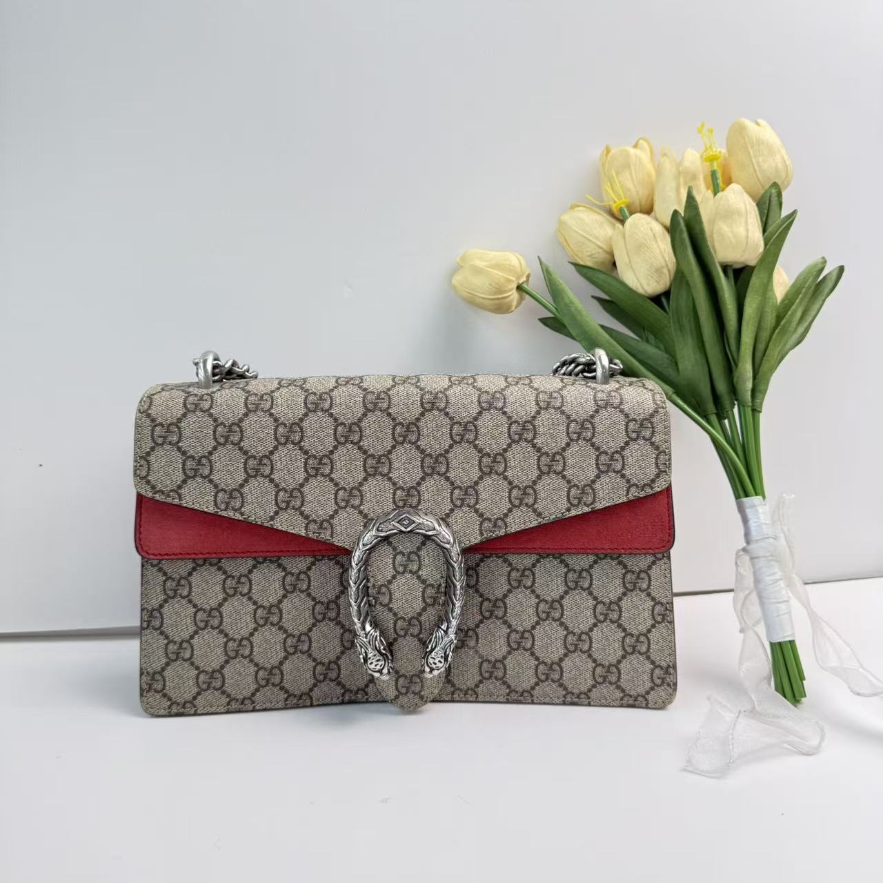 95新 GUCCI/古驰 古驰老花红麂酒神中号百搭单肩包