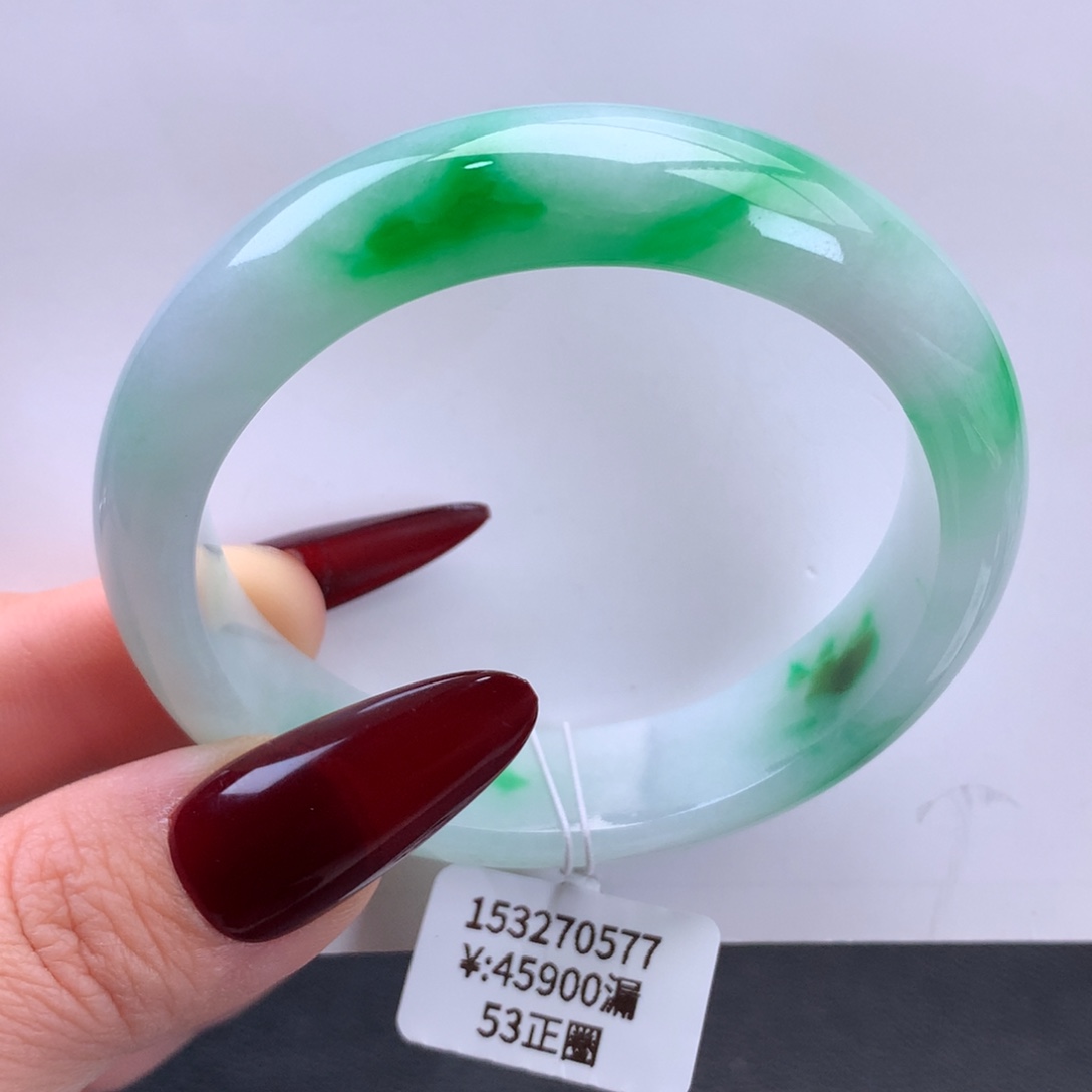 翡翠手镯未镶嵌辣阳绿飘花正圈手镯