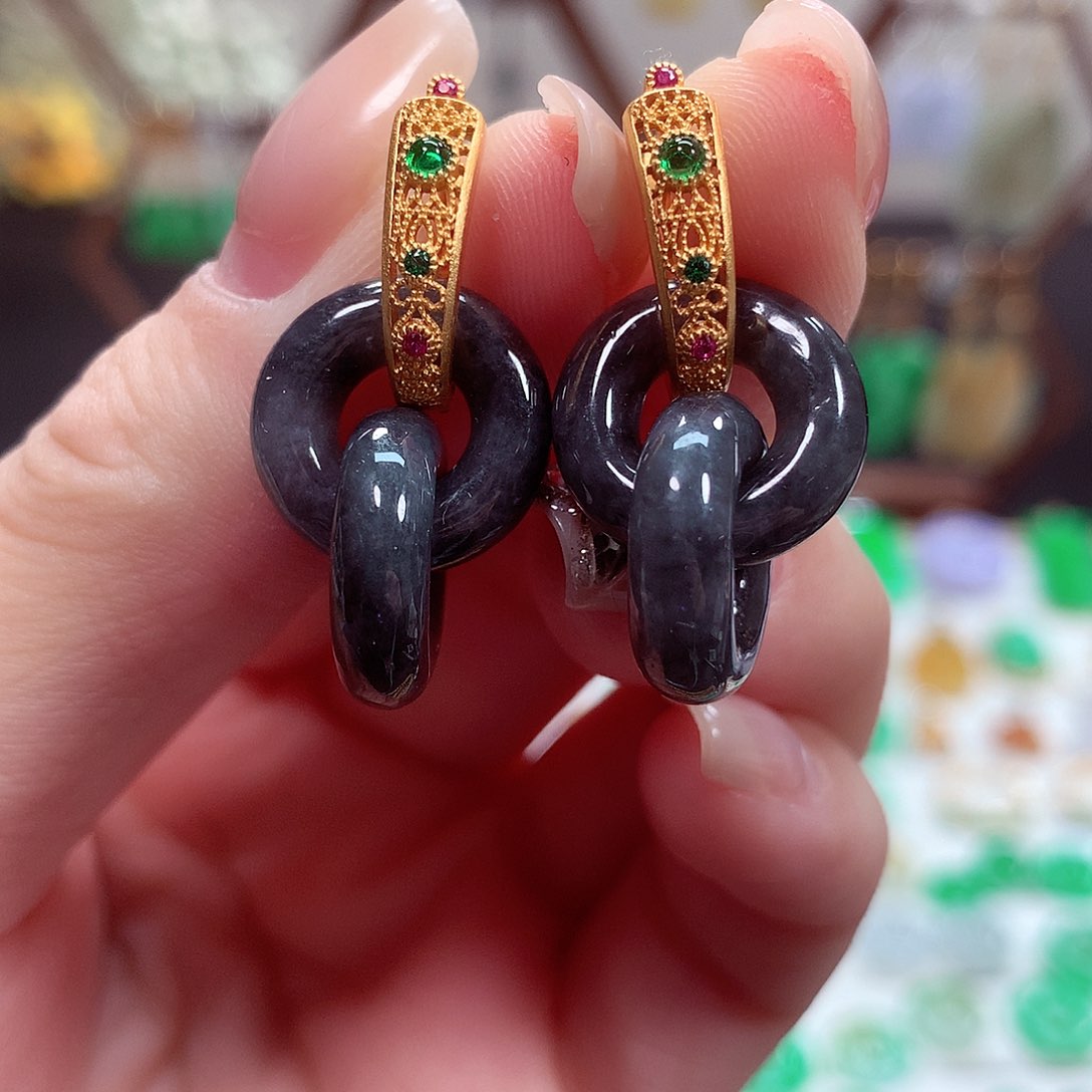 翡翠耳饰银S925镶嵌天然翡翠