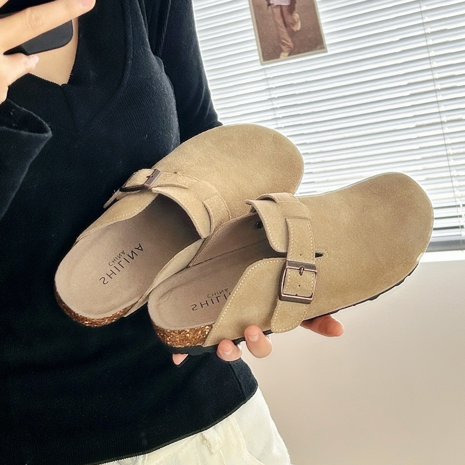 【D先森】一脚蹬牛皮包头厚底软木勃肯拖鞋女半拖平底凉拖鞋百搭潮