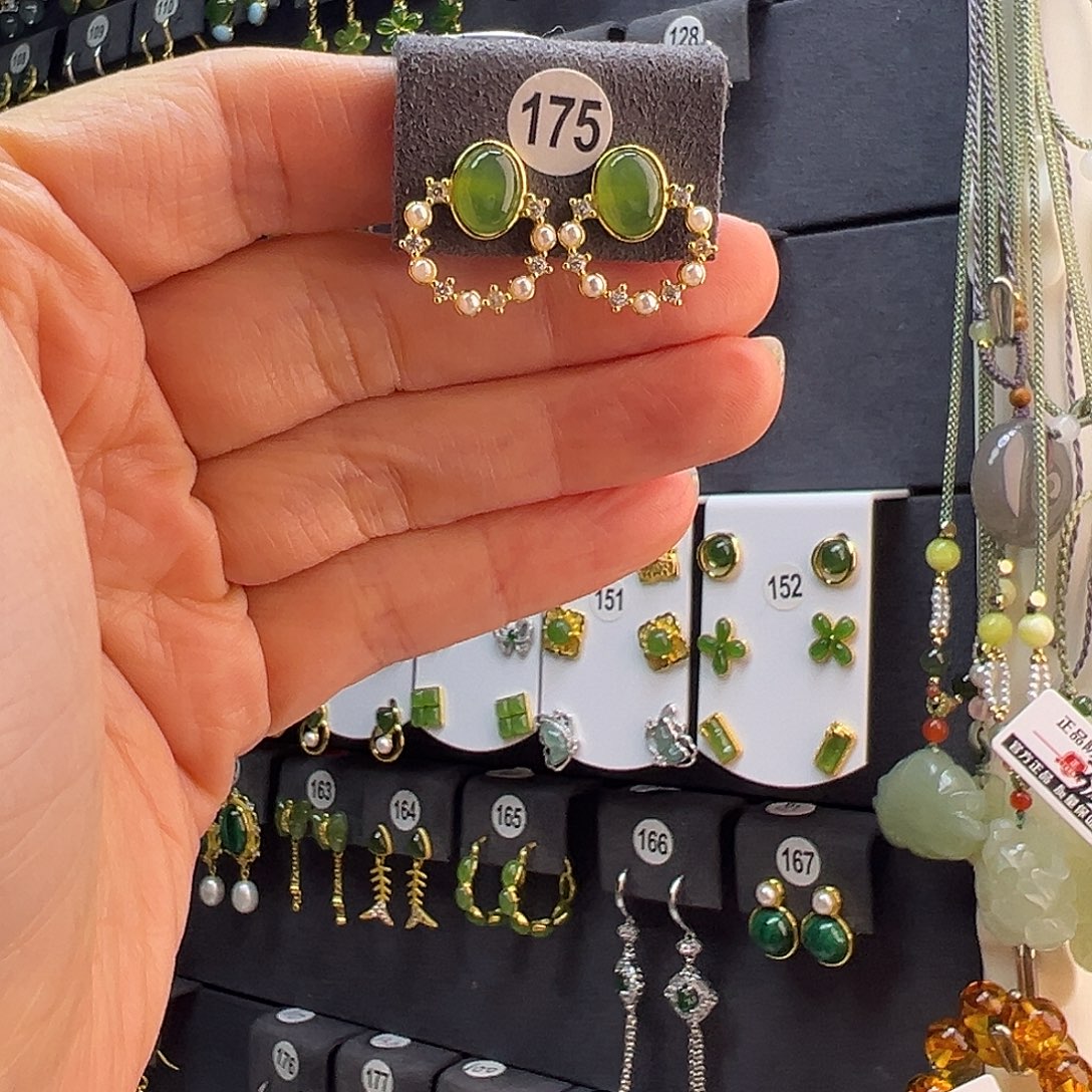 和田玉未镶嵌耳饰通体纯银天然碧玉耳钉