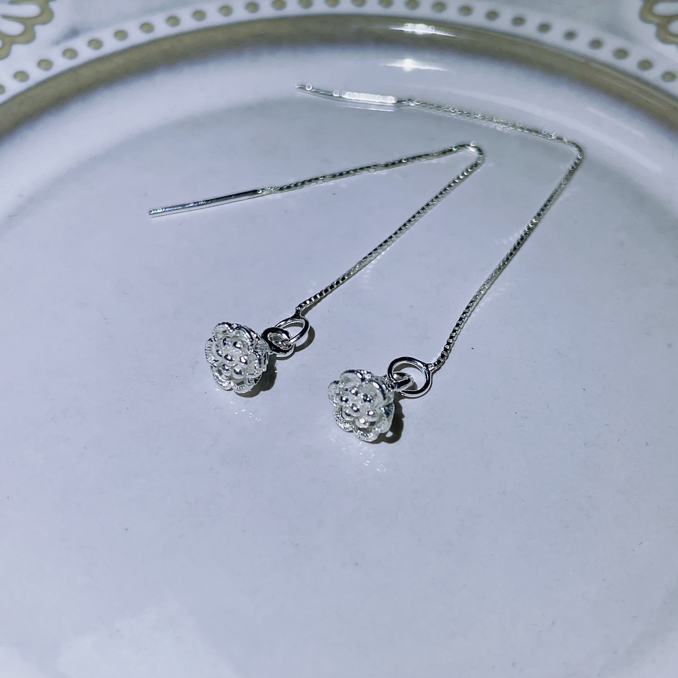 足银耳饰 简约百搭长款莲蓬耳线手工磨砂气质耳环