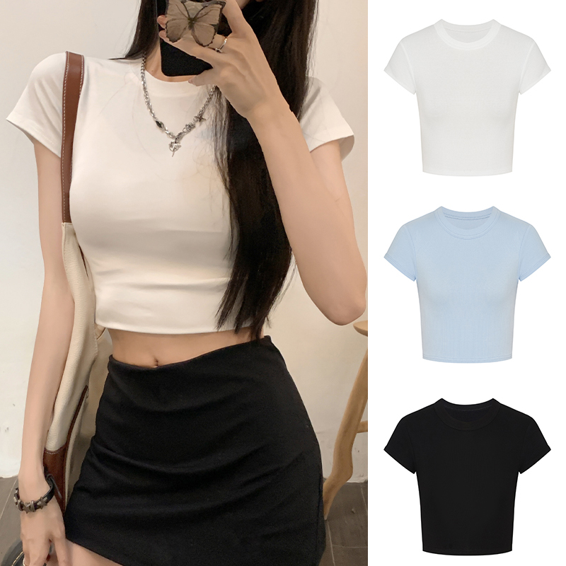 MosesQueen/魔西女王美式收腰正肩辣妹短袖t恤设计感小众短款上衣