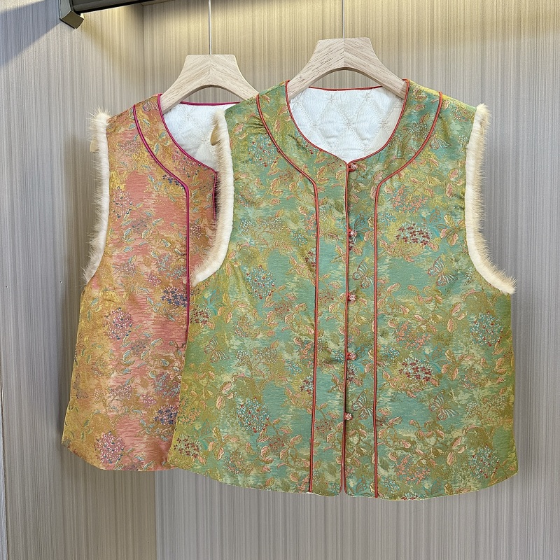 （繁花夹棉）新中式国风真毛提花马甲无袖坎肩加厚两面穿