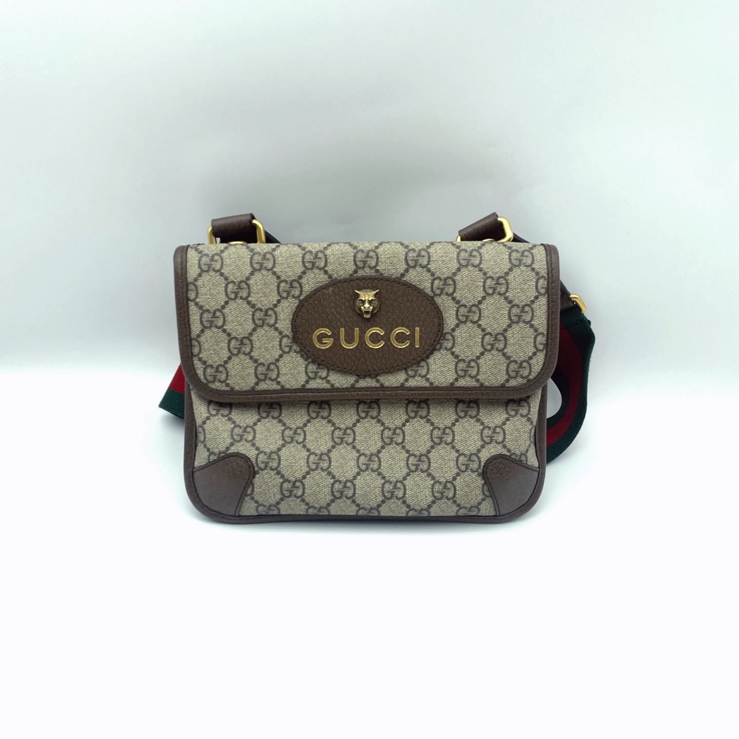 95新 GUCCI/古驰 老花双面虎头腰包小号黑标B030