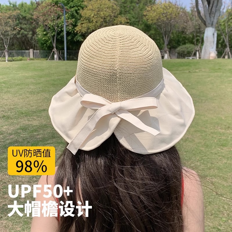 新款蝴蝶结百搭户外大檐便携春夏季帽子韩版遮阳帽女帽镂空渔夫