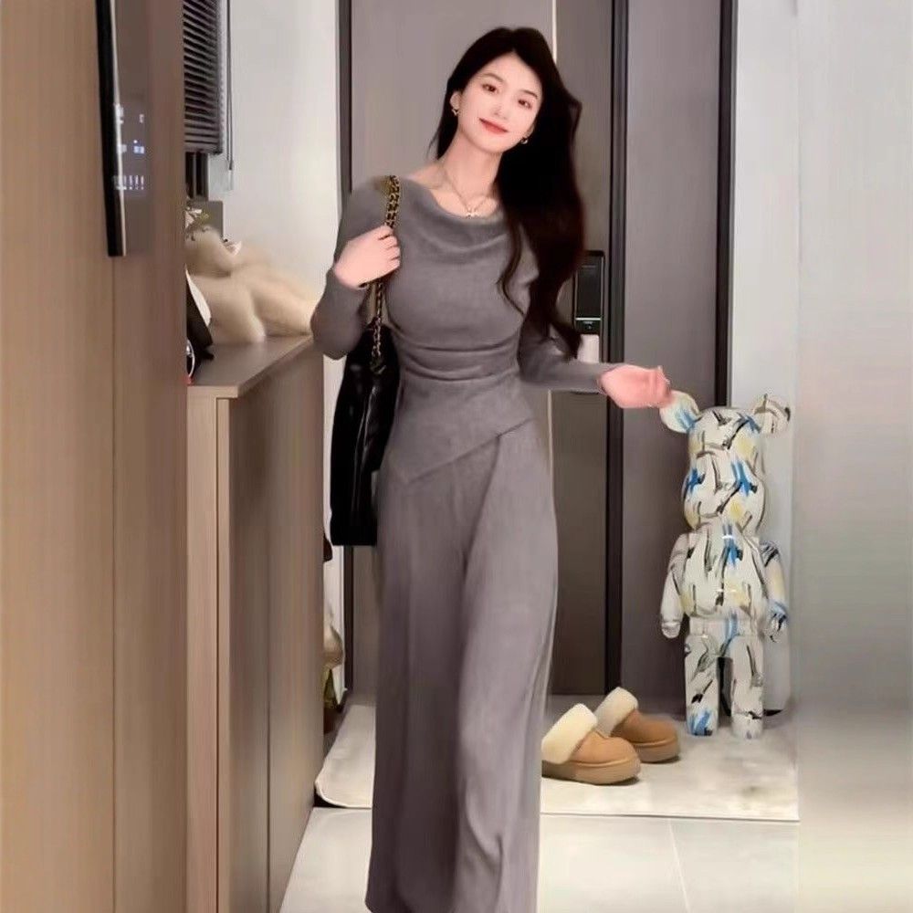 秋冬新款长袖不规则上衣+裤子两件套时尚2025上衣休闲高腰套装女