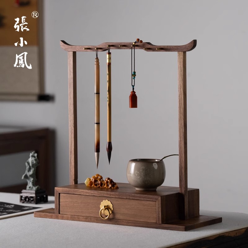 张小凤凤轻语黑胡桃木笔架笔挂实木展示架文房四宝毛笔文玩收纳书