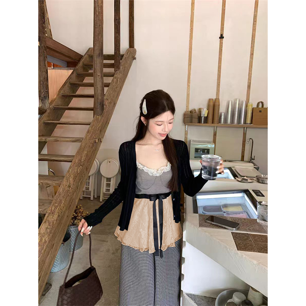 初秋少女感吊带白月光收腰+ins风韩系修身开衫+格子阔腿裤22381#