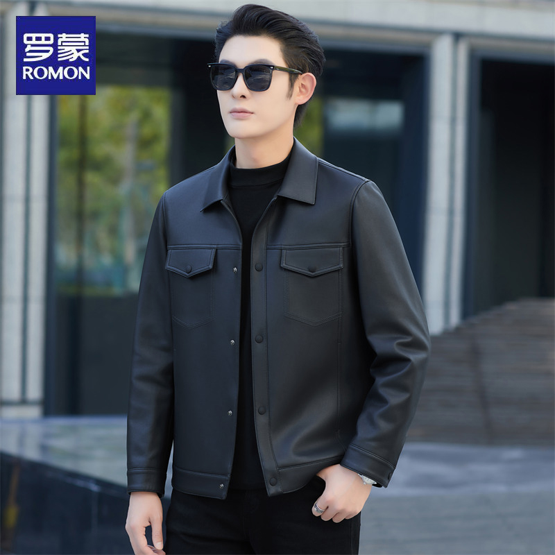 Romon/罗蒙男士皮衣2025秋冬琥珀流光黑色翻领皮夹克男装加厚外套