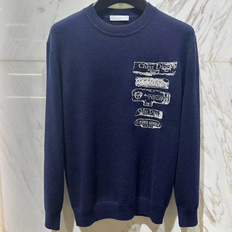 C.Dioc蓝色刺绣山羊绒毛衣针织衫秋冬保暖圆领加厚