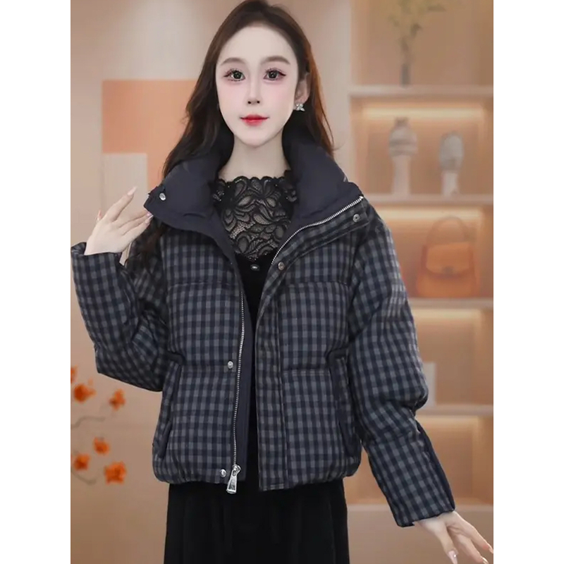 【现货+运费险】时尚格子棉服女2025冬季新款洋气宽松立领棉衣外套