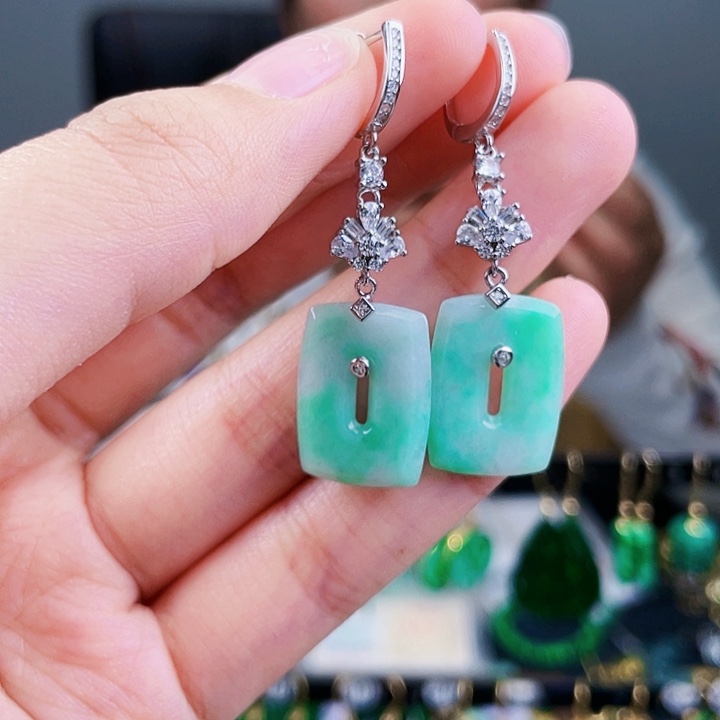 翡翠耳饰银S925镶嵌饰品