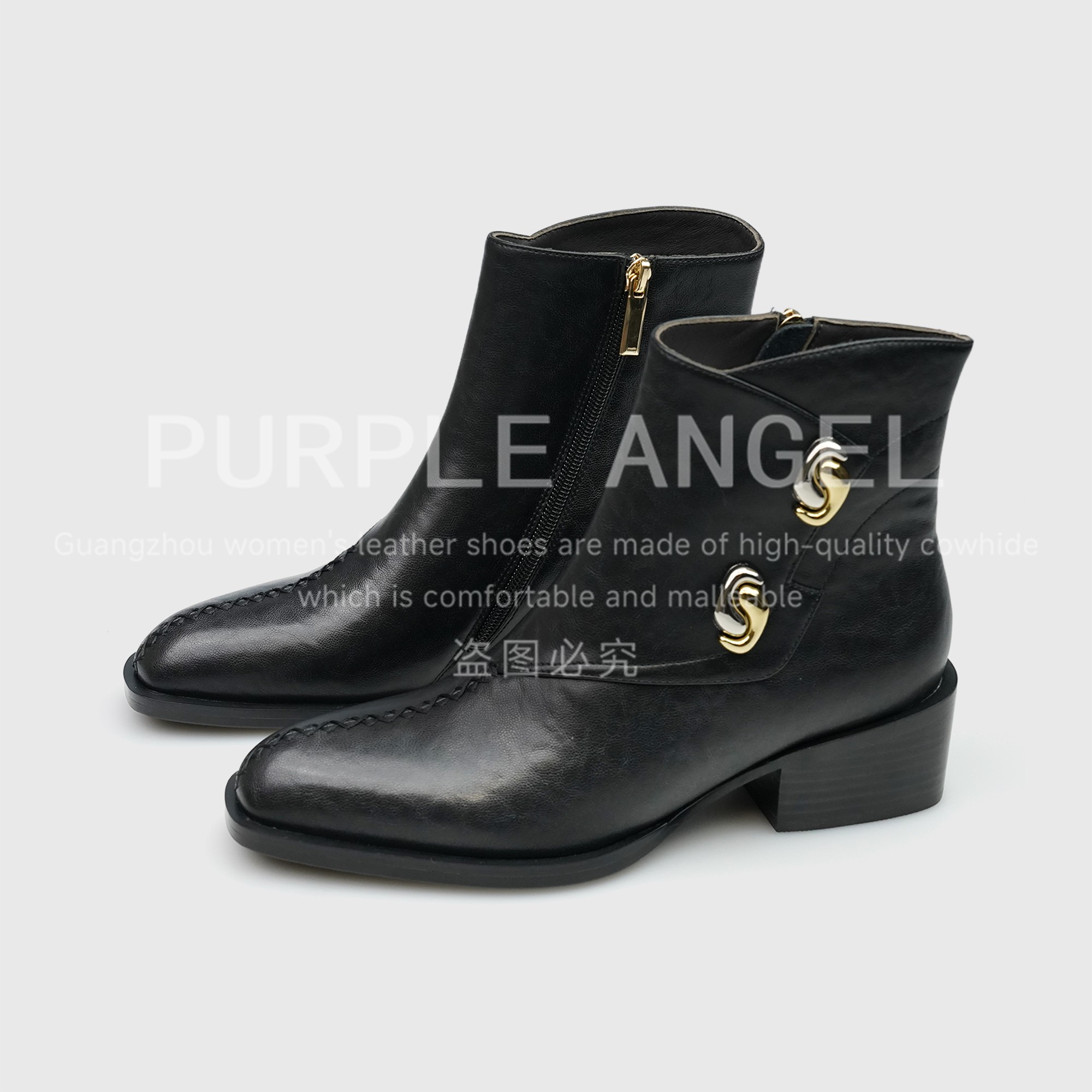 Purple Angel轻奢5CM/2025意式金属扣手抓纹胎牛皮低跟短靴29147