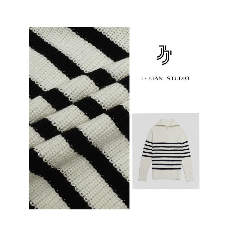 【J.Juan】条纹拉链高领毛衣高个子女装冬季重磅海军领羊绒针织毛衫