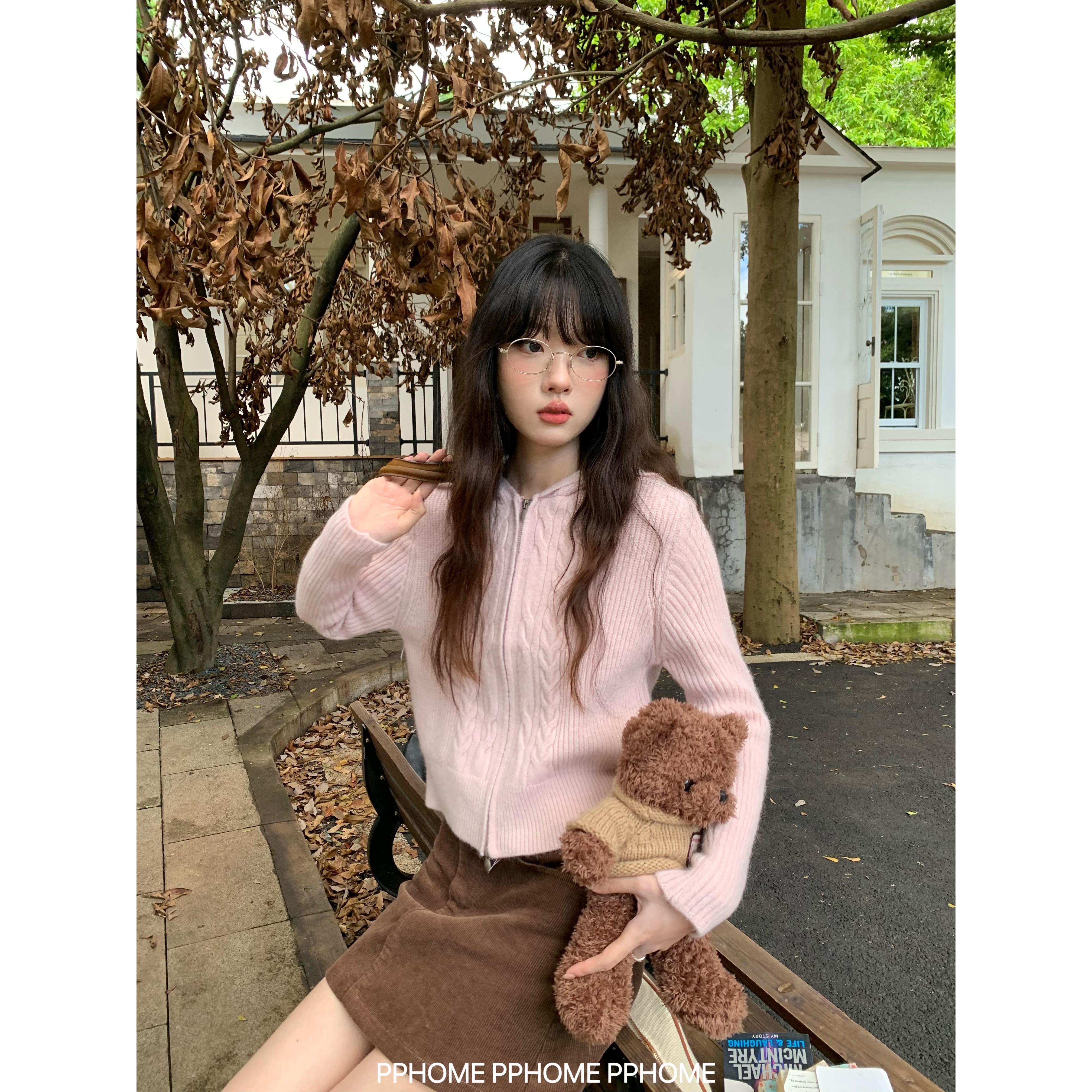 北海道日落 连帽针织开衫秋冬韩系慵懒拉链毛衣短上衣