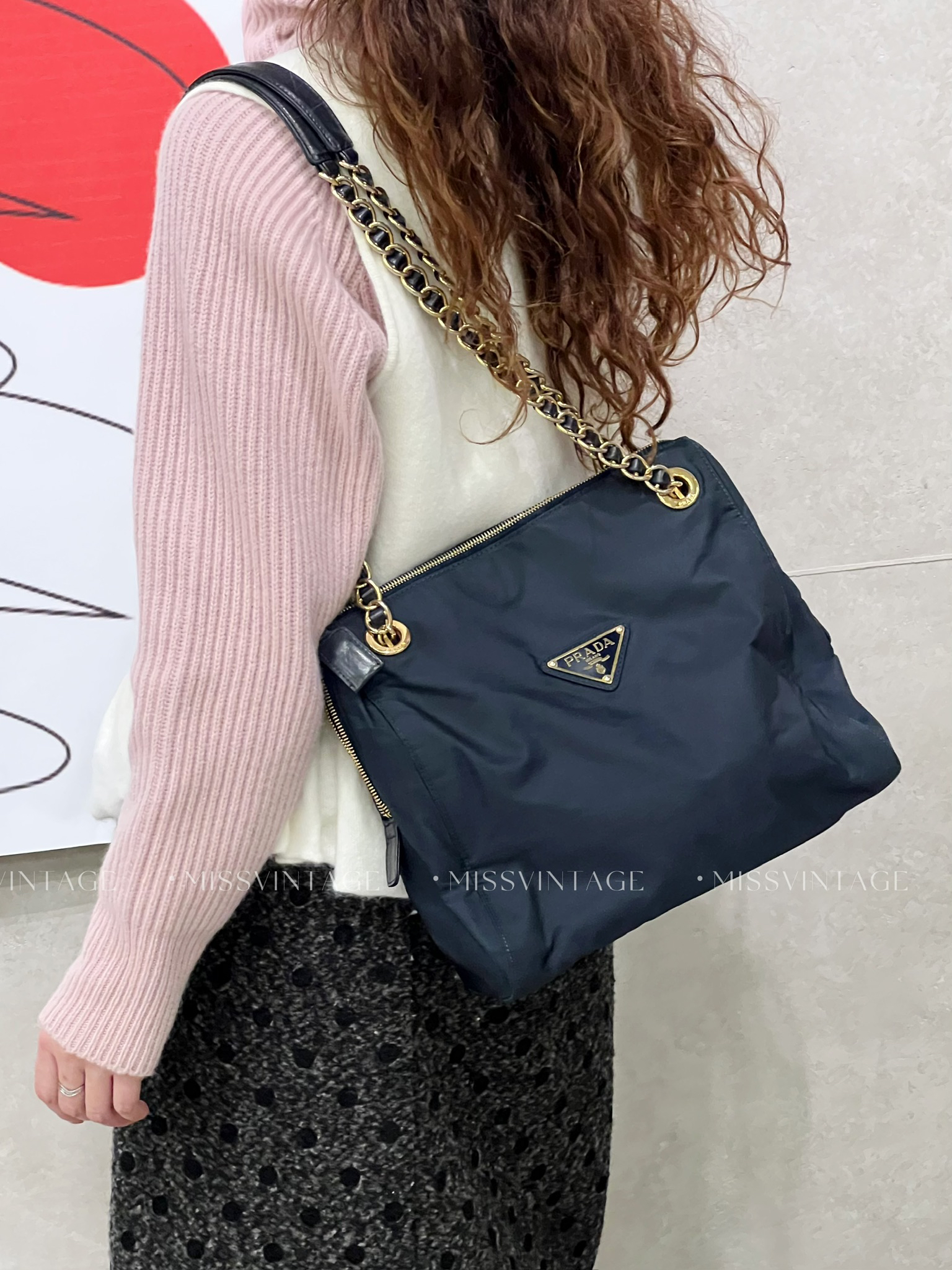 95新 Prada/普拉达 觅时/蓝金双链条托特/113794