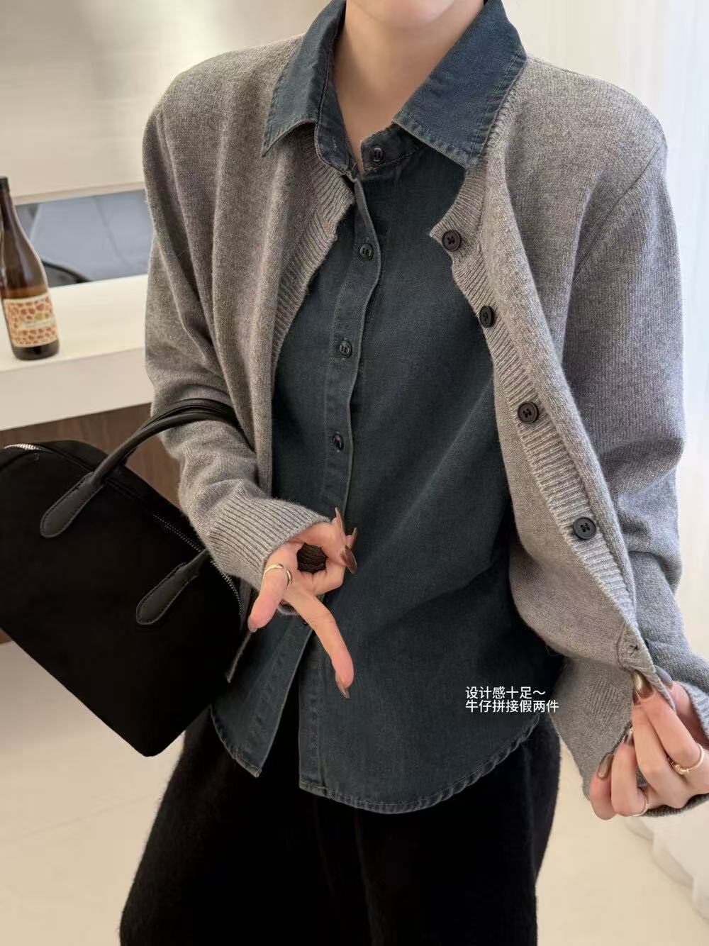 9886-3652 红色假两件牛仔衬衫领毛衣单排扣针织厚款百搭针织衫