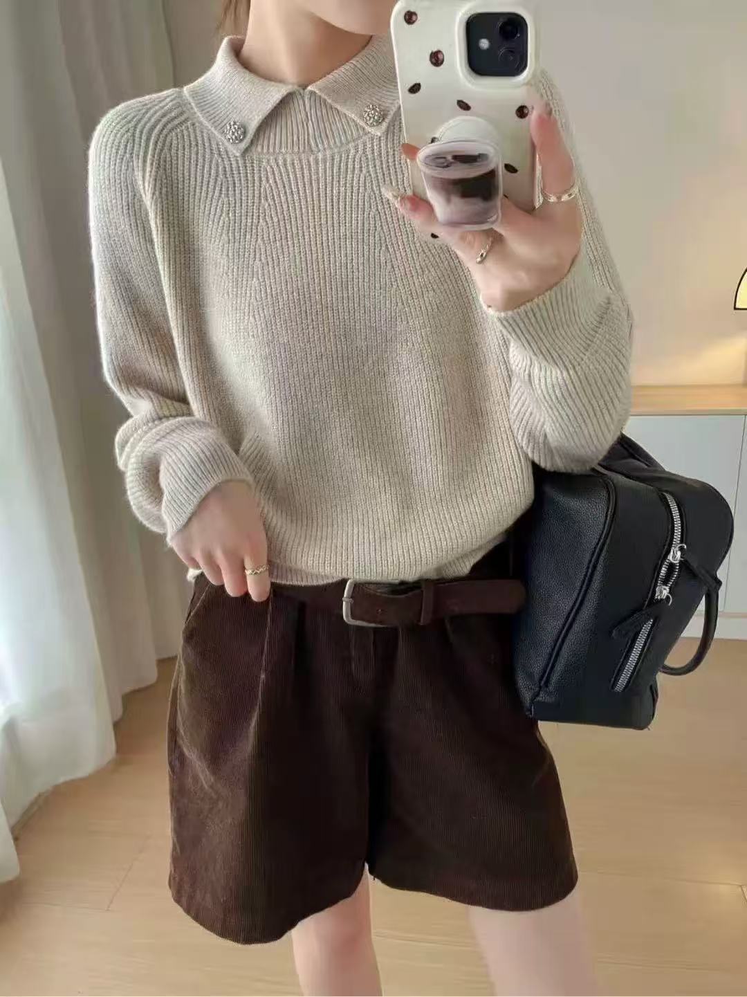 /翻领小花扣/坑条柔软百搭毛衣套头 衣长56 胸围51 95399