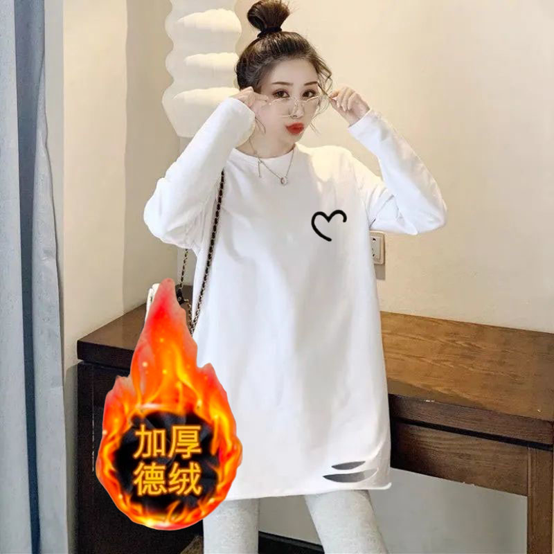 大码徳绒破洞长袖极简风印花中长款女T恤外穿内搭白色加绒长袖