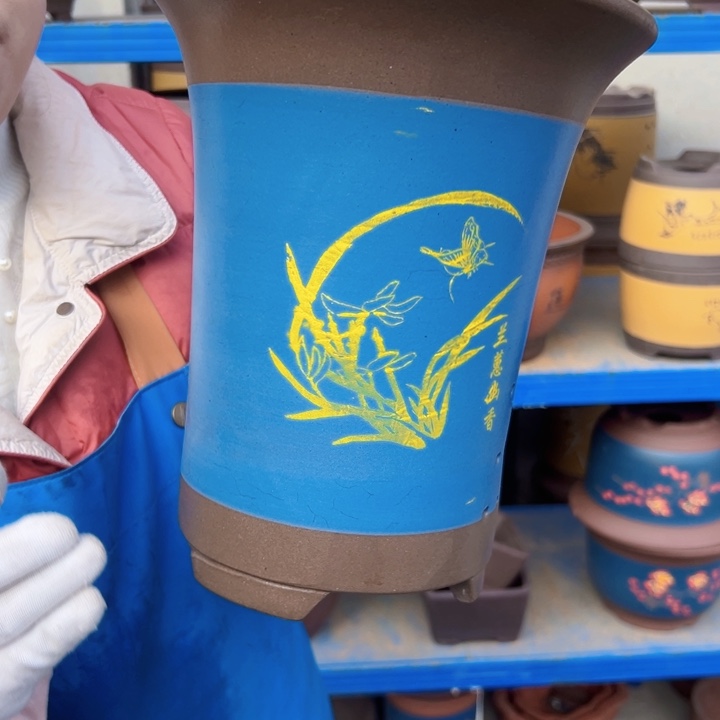 蓝色印金兰花盆22花盆花盆