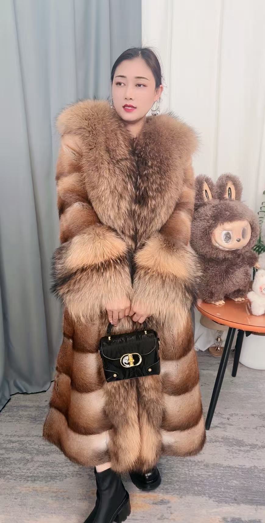 诗嫚媂   120衣长进口大毛领皮草外套长款整貂皮横排工艺女款大衣